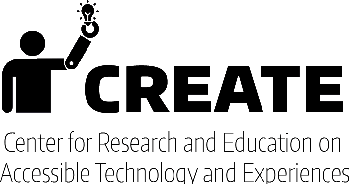 The CREATE logo. CREATE stands for the Center for Research and Education on Accessible Technology and Experiences. The CREATE logo has a person holding a lightbulb